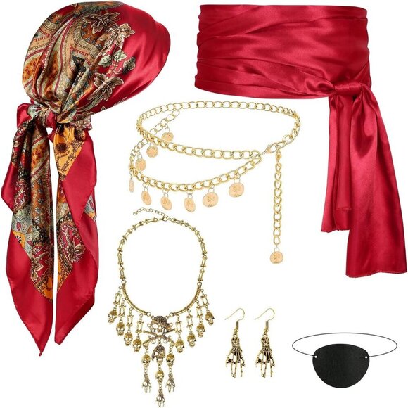 Pirate Costume Accessories Set for Women Men 6pcs Necklace Earrings Waist Chain